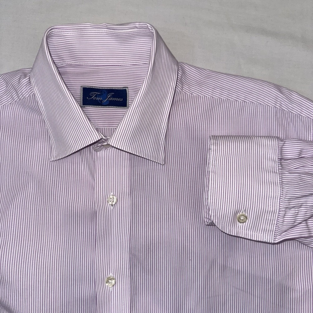 Tom James Mens Purple White Striped Dress Shirt Long Sleeve Button Down 15.5 34
